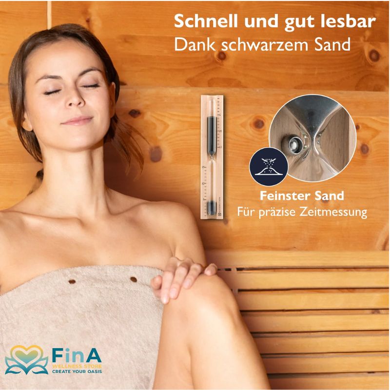 Feinster schwarzer Sand in der Liebenstein Sauna Sanduhr – gut lesbar, ideal für entspannte Sauna-Sessions mit 15 Minuten Messzeit