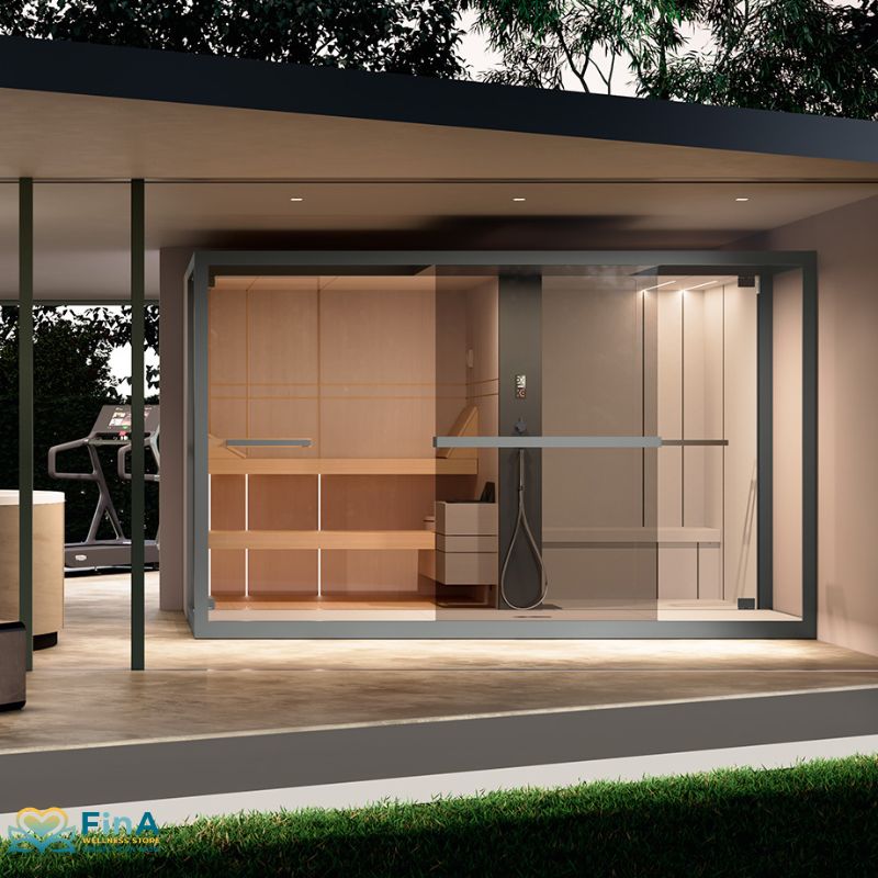 Novellini Celsius Patio – Sauna Hammam Dusche im stilvollen Gartenpavillon mit Lounge-Bereich