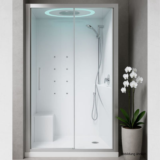 Moderne Eckdampfdusche von Novellini EON G im Nischeneinbau mit LED-Lichtring, Sitz und Handbrause; graue Wände, Orchidee im Betonübertopf.