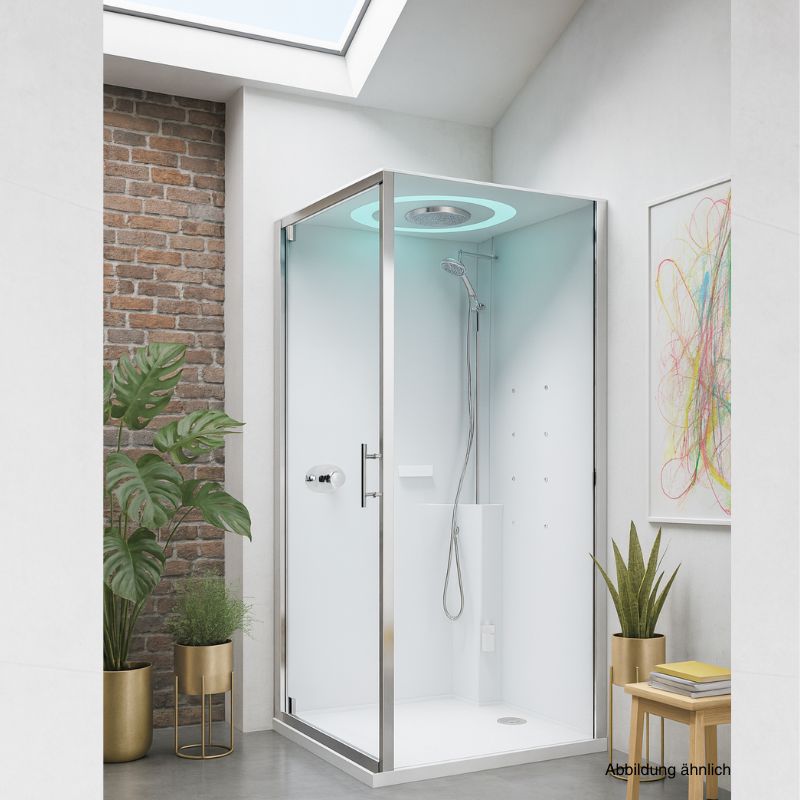 Moderne Eckdampfdusche Novellini EON GF mit Glaswänden und LED-Beleuchtung, stilvoll integriert in einen hellen Raum mit Ziegelwand, Zimmerpflanzen und abstrakter Wandkunst.