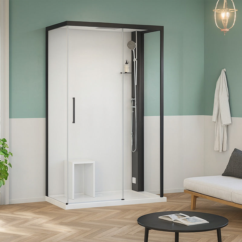 Ein moderner, minimalistischer Badezimmerbereich mit Novellini GLAX 1 2P+2F Dampfdusche in schwarzem Rahmen, hellen Wänden in Mintgrün und Weiß, Parkettboden und einem angrenzenden Entspannungsbereich mit Sofa und Couchtisch.