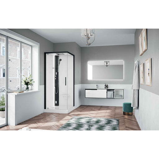 Modernes Badezimmer mit der Novellini Glax 1 G+F Dampfdusche – elegante Komplettdusche mit Schwenktür und Seitenwand, integriertem Dampfsystem und schwarzem Duschpaneel, harmonisch ins Interior-Design mit Fischgrätboden und Designerleuchte eingebettet.