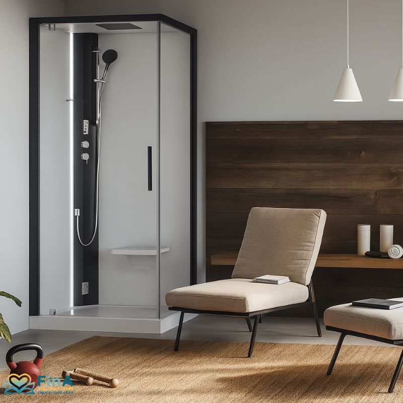  Exklusives Erholungszimmer mit der Novellini Glax 1 G+F Dampfdusche – moderne Komplettdusche mit Schwenktür und Seitenwand, stilvoll integriert zwischen Lounge-Liegen, Naturmaterialien und warmem Licht für ein harmonisches Spa-Ambiente.