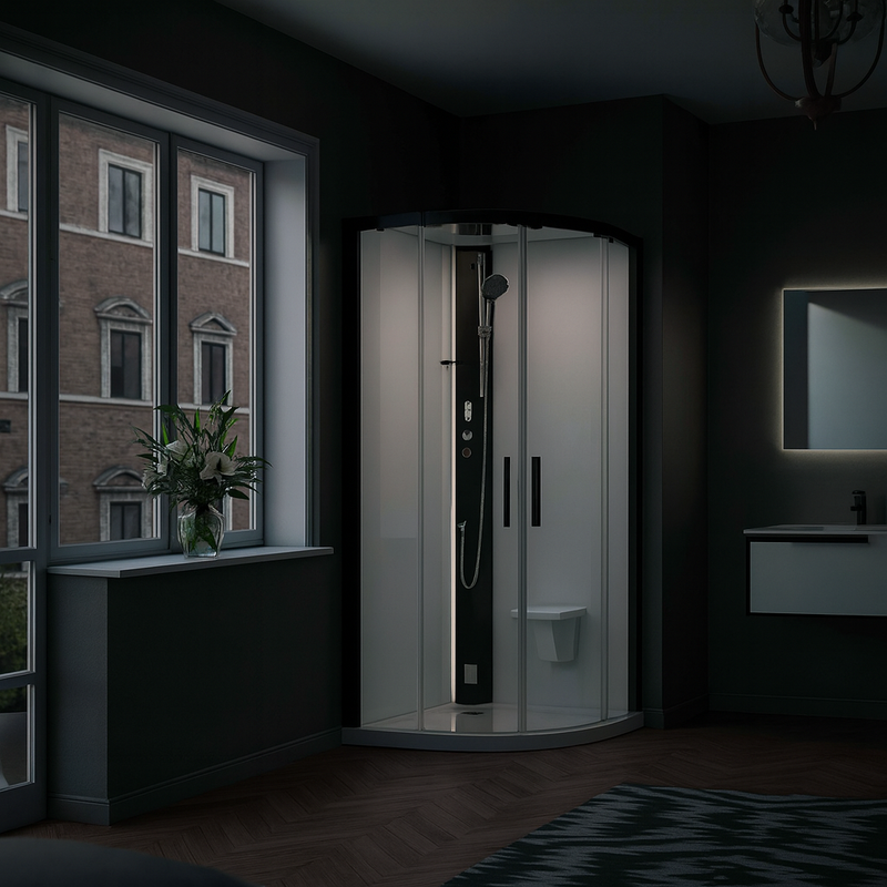 Novellini Glax 1R Dampfdusche in Schwarz Matt – elegante Runddusche mit Glasfront im modernen Badezimmer mit Tageslicht.