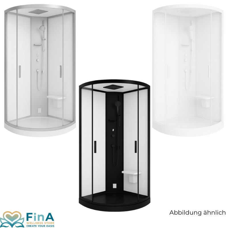 Novellini Glax 1R Dampfdusche in drei Farbvarianten – Weiß, Schwarz Matt und Silber – moderne Runddusche mit Glasfront und Klappsitz.