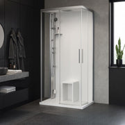 Modernes Badezimmer mit der Novellini Glax 1 A+F Dampfdusche in Eckeinstieg-Ausführung, Glas-Schiebetüren, integrierter Sitzbank und eleganter schwarzer Wandgestaltung – minimalistisches Design mit grauen Fliesen und stilvollen Accessoires.