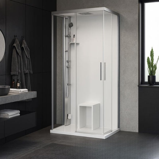 Modernes Badezimmer mit der Novellini Glax 1 A+F Dampfdusche in Eckeinstieg-Ausführung, Glas-Schiebetüren, integrierter Sitzbank und eleganter schwarzer Wandgestaltung – minimalistisches Design mit grauen Fliesen und stilvollen Accessoires.