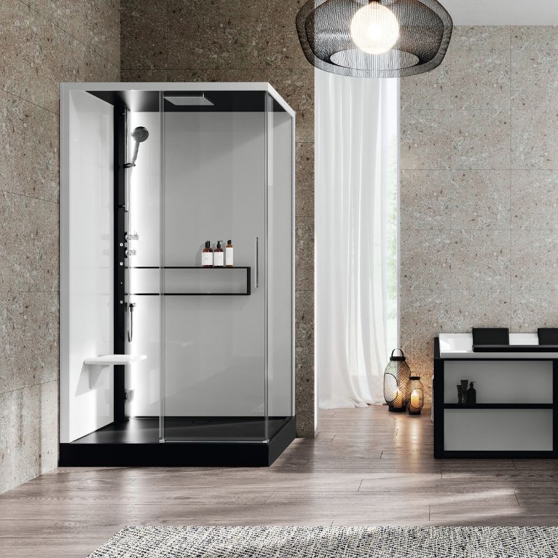 Novellini Glax 2 2P Dampfdusche mit Schiebetür, Fixteil und Seitenwand in Schwarz, modernes Badezimmer mit Glasfront und integriertem Sitzplatz.