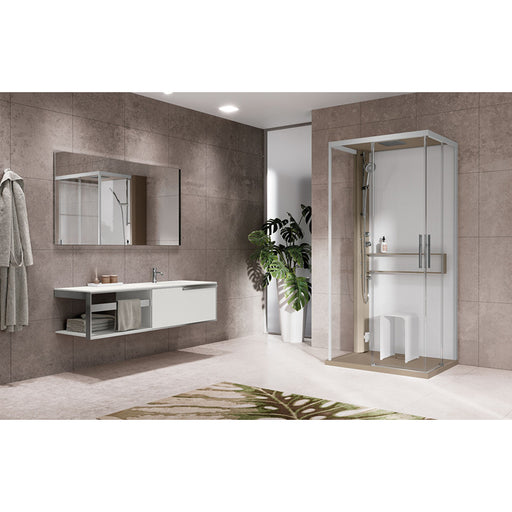 Moderne Komplettdusche Novellini Glax 2 A+F mit Eckeinstieg, Glasfront und integriertem Duschsitz in einem stilvollen Badezimmer.