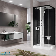 Dampfdusche Novellini Glax 2 G+F in modernem Badezimmer – mit schwarzer Glasrückwand, Schwenktür, Duschsitz und integrierter Wellnessfunktion