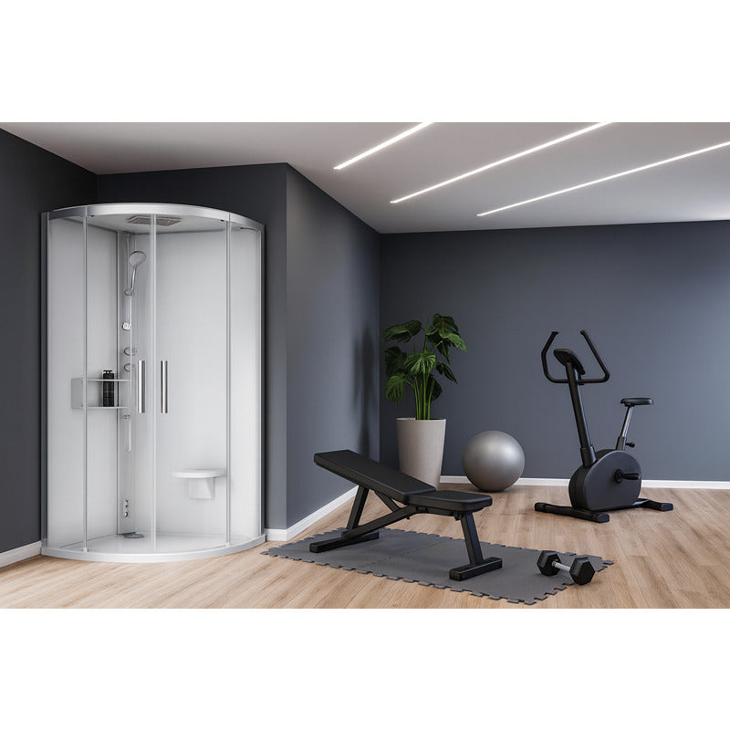 Moderne Dampfdusche Novellini Glax 2 R in einem stilvollen Fitness- und Wellnessraum mit Trainingsbank, Crosstrainer und Gymnastikball auf hellem Holzboden.