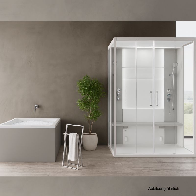 Moderne Dampfdusche Skill Dual mit Glasfront neben quadratischem Eisbad, grüne Pflanze und helles minimalistisches Badezimmer.