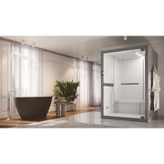 Novellini Celsius Hammam Dampfbadkabine als freistehende Wellnesslösung in einem eleganten Badezimmer mit Tageslicht.