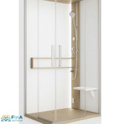  Novellini Glax 2 A Dampfdusche in Farbvariante Corda mit Holzoptik-Akzent, transparenter Front und klarem Glas, ausgestattet mit Massagedüsen, Sitz und eleganter Armatur – natürliche, wohnliche Gestaltung.