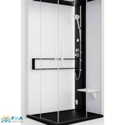  Kontrastreiche Variante der Novellini Glax 2 A Dampfdusche mit weißem Korpus und schwarzen Akzenten, klarem Glas, Regendusche und Massagedüsen – stilvolles Design für exklusive Raumkonzepte.