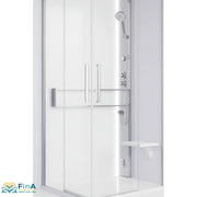  Novellini Glax 2 A Dampfdusche in Silber mit Glasfront, verchromter Handbrause, LED-Streifen und funktionalem Klappsitz – stilvoll und dezent für moderne Badkonzepte.