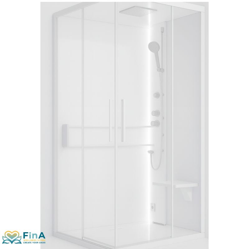  Novellini Glax 2 A in Total White – Dampfdusche in durchgehend total weißer Optik mit Glasfront, integrierter Sitzbank, Regenduschkopf und vertikalen Hydrojets – minimalistischer Look mit Wellnessfunktion.