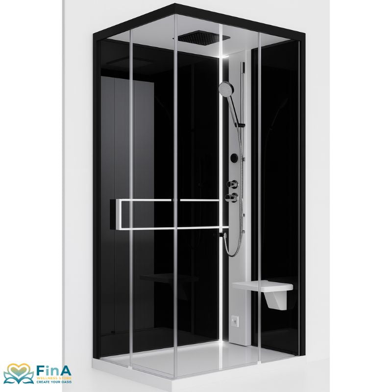  Novellini Glax 2 A Dampfdusche in weiße Ausführung mit klarer Glastür, Sitz, Kopf- und Handbrause, LED-Beleuchtung und moderner Soft-Touch-Bedienung – kontrastreiches Design für anspruchsvolle Bäder.