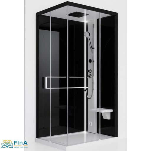  Novellini Glax 2 A Dampfdusche in weiße Ausführung mit klarer Glastür, Sitz, Kopf- und Handbrause, LED-Beleuchtung und moderner Soft-Touch-Bedienung – kontrastreiches Design für anspruchsvolle Bäder.