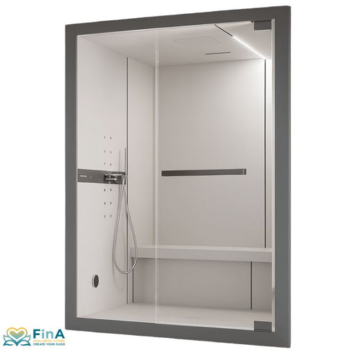 Alleinstehende Novellini Celsius Hammam Dampfbadkabine mit Glasfront, integrierter Sitzbank, Handbrause und Regenduschkopf im modernen Design.