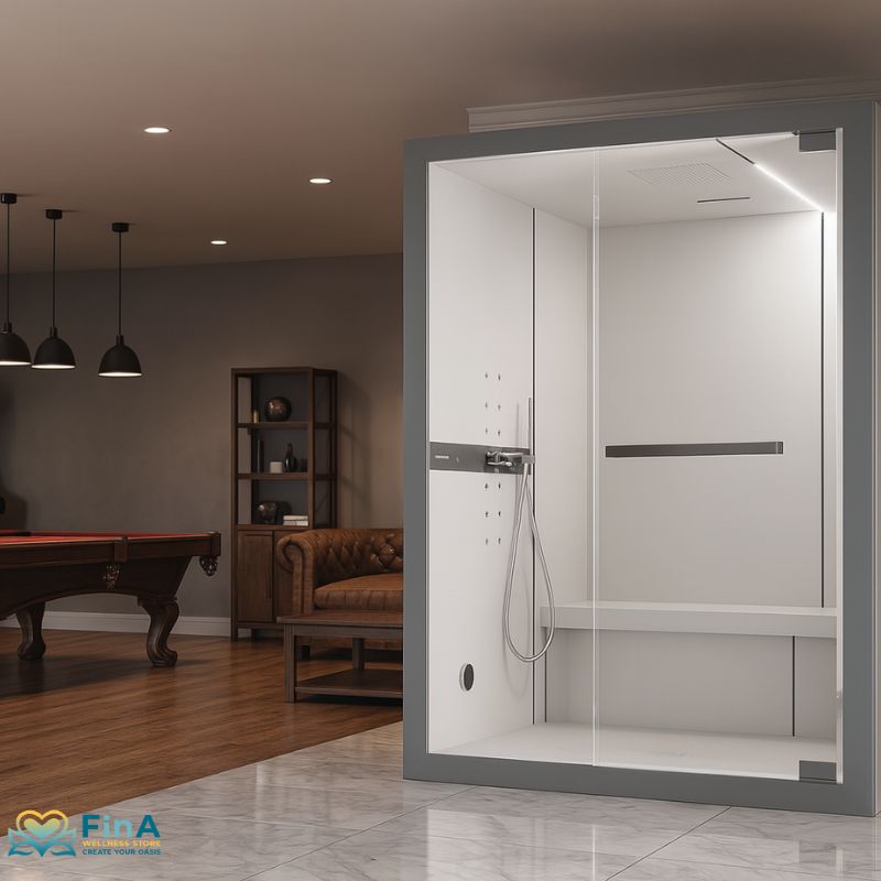 Moderne Dampfduschkabine im Vordergrund eines stilvollen Freizeitraums mit Billardtisch, Dartscheibe, Arcade-Spielautomat und Ledersofa.