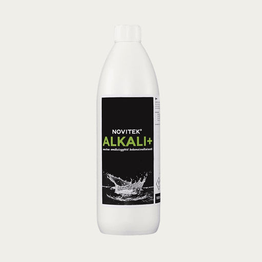 Novitek Alkali+ Alkalitätserhöhung für Whirlpool-Wasser in weißer 1-Liter-Flasche mit schwarzem Etikett und Wassersplash-Grafik