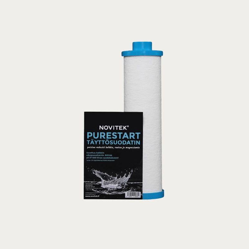 Novitek Purestart Befüllungsfilter mit weißem Filterelement und blauen Anschlüssen, schwarzer Verpackung mit Produktinformationen