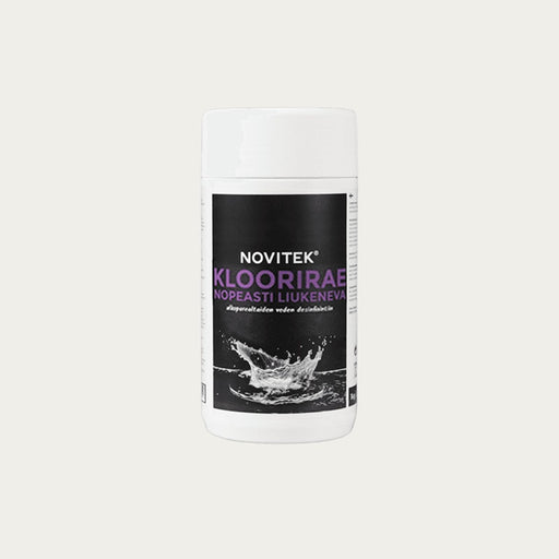 Novitek Chlorgranulat 1 kg Dose mit schwarzem Etikett und Wassersplash-Motiv zur Pooldesinfektion