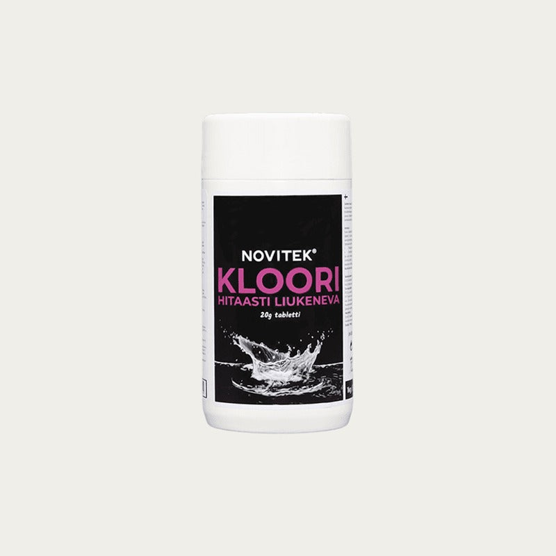 Novitek Kloori Chlortabletten Dose mit schwarzem Etikett und Wassersplash-Motiv, 20g Tabletten für Langzeit-Desinfektion