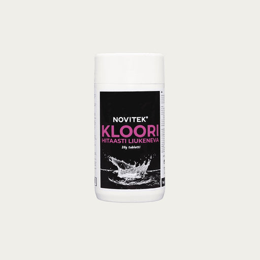 Novitek Kloori Chlortabletten Dose mit schwarzem Etikett und Wassersplash-Motiv, 20g Tabletten für Langzeit-Desinfektion