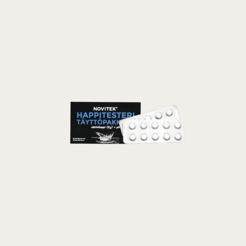 Novitek Sauerstofftester Nachfüllpackung mit schwarzer Schachtel und Blisterpackung à 30 pH- und 30 DPD-Tabletten für Wassertests