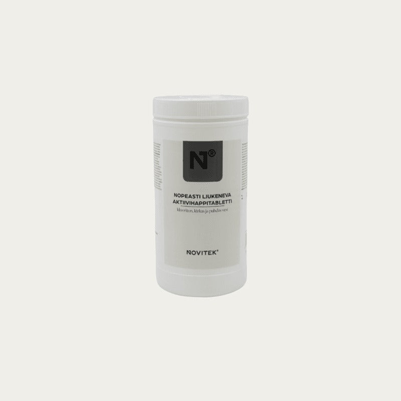 Novitek Aktivsauerstoff-Tabletten 1 kg Dose, chlorfreies Desinfektionsmittel für Whirlpools mit weißem Kunststoffbehälter und grauem Produktlabel