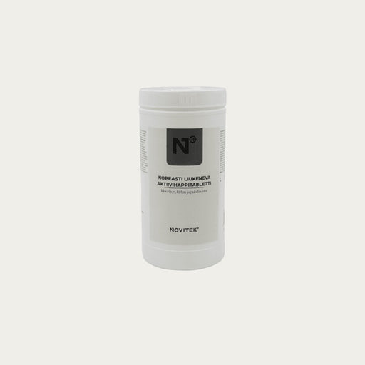 Novitek Aktivsauerstoff-Tabletten 1 kg Dose, chlorfreies Desinfektionsmittel für Whirlpools mit weißem Kunststoffbehälter und grauem Produktlabel