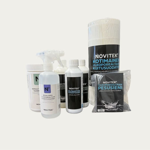 Novitek Wasserwechsel-Set für Whirlpools mit Reinigungsmitteln, Bürste, Filterkartuschen und Desinfektionsmittel in weißen und schwarzen Behältern