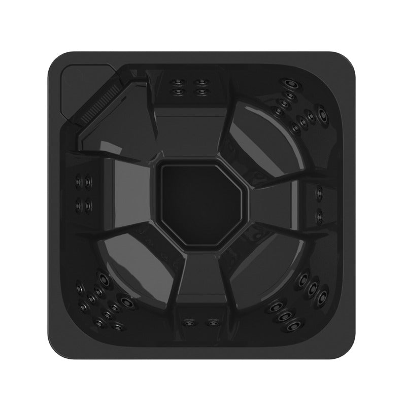 Vogelperspektive des Novitek S-0 Outdoor Whirlpools mit quadratischem Design, Sitzplätzen für fünf Personen und integrierten Düsen an den Seiten.