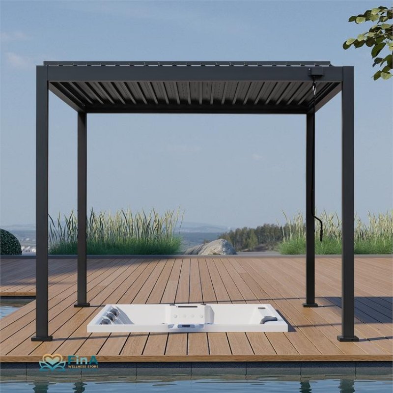 FinA Pergola P2-3 in anthrazitgrau – robuste Aluminiumkonstruktion mit verstellbaren Lamellen für luxuriöse Outdoor-Bereiche.
