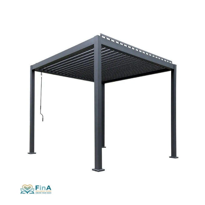 Moderne Pergola P2 in Anthrazit mit Lamellendach – stilvolle Überdachung für Whirlpools oder Lounge-Bereiche direkt am Wasser.
