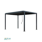 Moderne Pergola P2 in Anthrazit mit Lamellendach – stilvolle Überdachung für Whirlpools oder Lounge-Bereiche direkt am Wasser.
