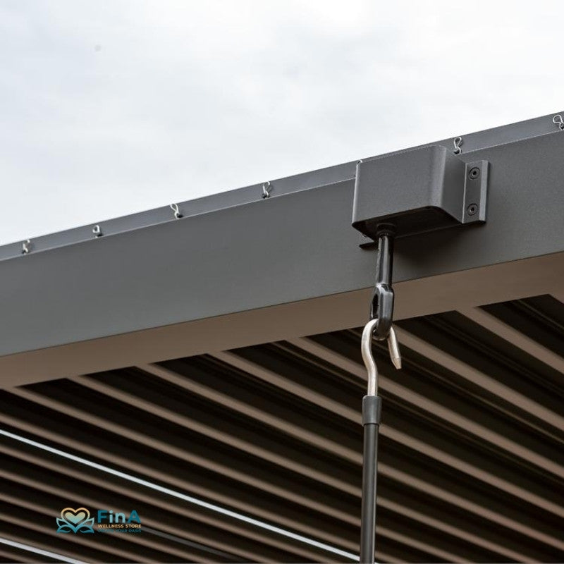 Detailansicht der Pergola P2-3: robuste Kurbel für Lamellenverstellung – einfache manuelle Bedienung für idealen Sonnen- und Regenschutz.
