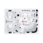 Draufsicht eines Passion Elevate Whirlpools mit separatem Eisbad (Chilled) und beheiztem Hauptbecken (Heated) mit zahlreichen Düsen und Steuerungselementen