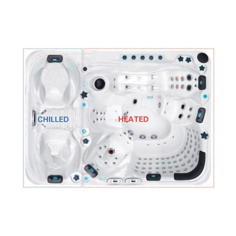 Draufsicht eines Passion Elevate Whirlpools mit separatem Eisbad (Chilled) und beheiztem Hauptbecken (Heated) mit zahlreichen Düsen und Steuerungselementen