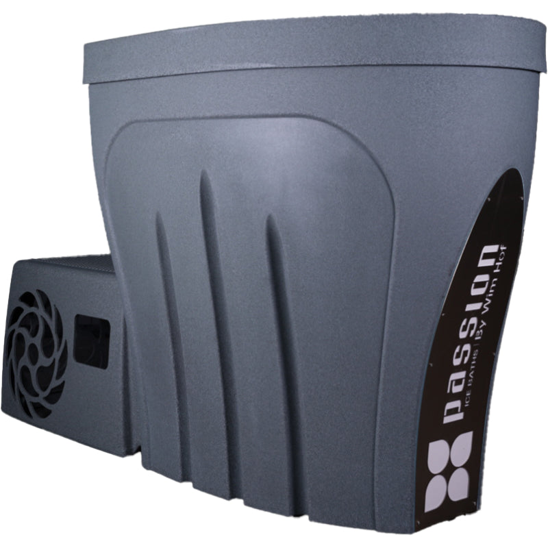 Modernes, graues Eisbad, ideal für Innen- und Außenbereiche, mit hochwertiger Einstiegsleiter.