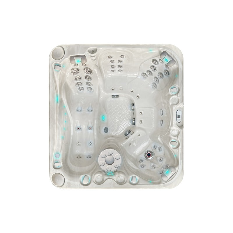 Passion Spas Pleasure Outdoor Whirlpool Draufsicht mit detailreicher Jet-Anordnung und Komfortsitzen