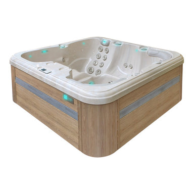 Passion Spas Refresh Whirlpool 200x200 – seitliche Ansicht mit heller Holzverkleidung