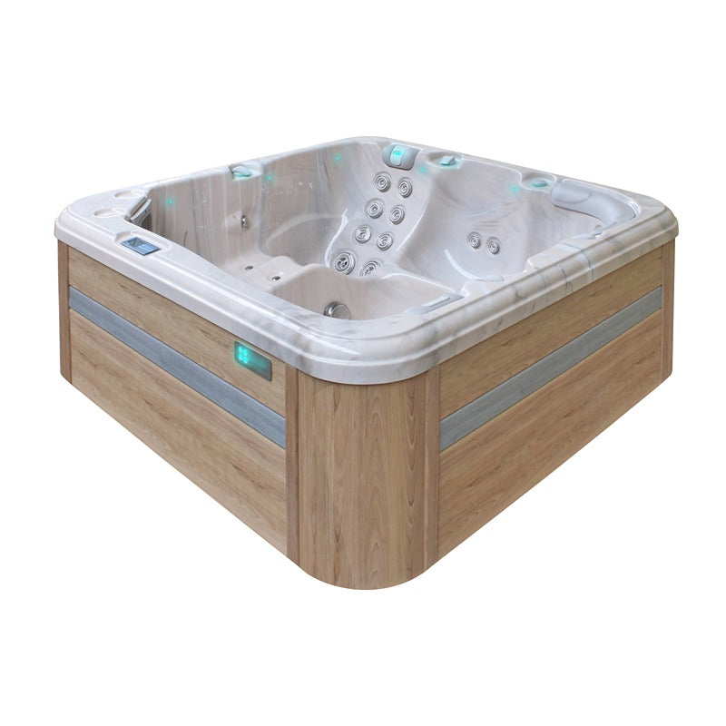Passion Spas Relax Whirlpool 204x204 – seitliche Ansicht mit heller Holzverkleidung