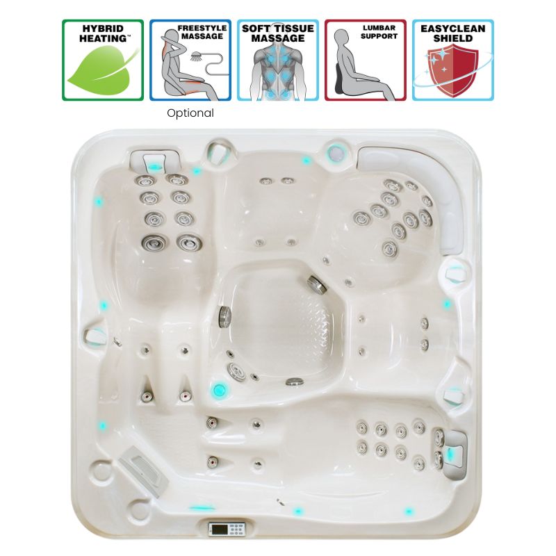 Passion Spas Relax Whirlpool 204x204 – Draufsicht mit Massage- und Komfortfunktionen inklusive Piktograme mit besonderen Merkmalen