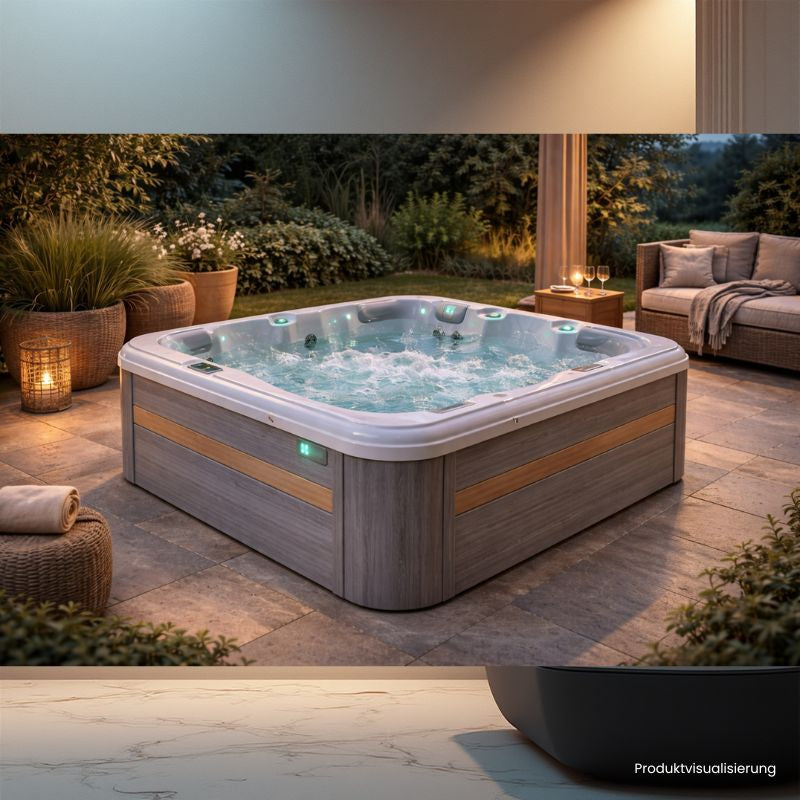 Passion Spas Relax Whirlpool 204x204 in ruhiger Gartenumgebung mit stimmungsvoller Beleuchtung