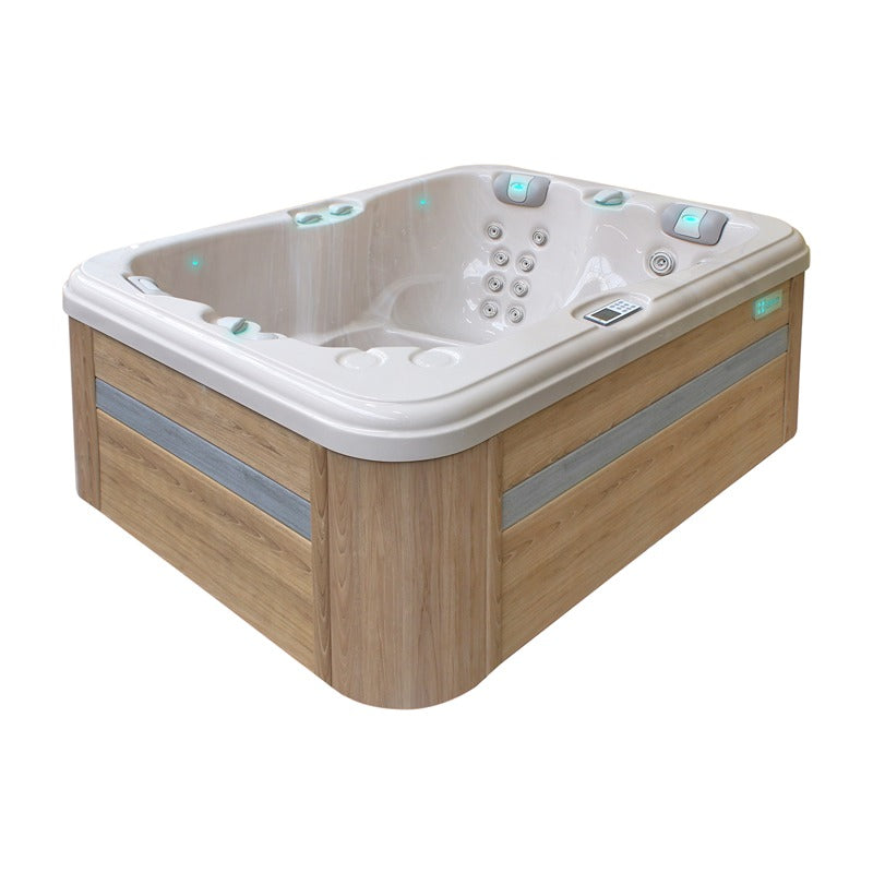 Passion Spas Renew Whirlpool 208x155 für 3 Personen – seitliche Ansicht mit heller Holzverkleidung