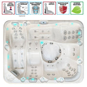 Top-Ansicht des Passion Spas Repose Whirlpools mit Funktionssymbolen für Soft Tissue Massage, Lendenstütze, Hybrid Heating™ und EasyClean Shield