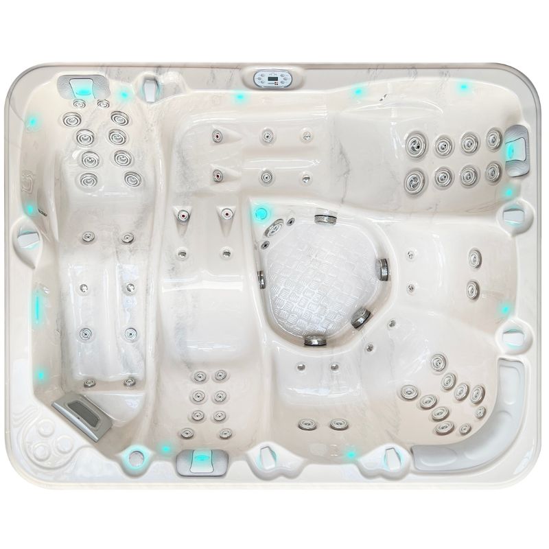 Passion Spas Repose Whirlpool 254x204 für 6 Personen – Draufsicht mit ergonomischen Loungern in Mystic Mountain